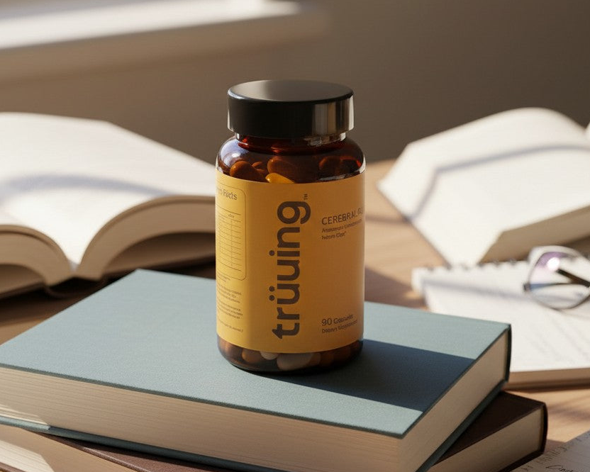 CEREBRAL FLOW Bottle of truuing supplements on a stack of books with a blurred background