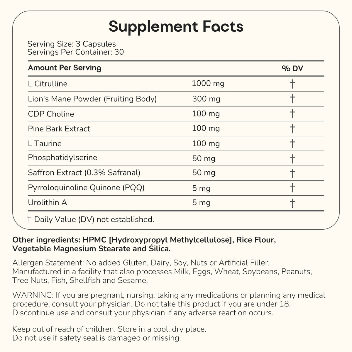A supplement facts label with a table listing ingredients and daily value information for a capsule-based supplement. The label includes serving size, product name components such as L Citrulline, Lion's Mane Powder, CDP Choline, and others, plus allergen and usage warnings.