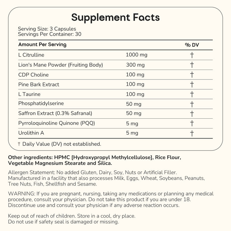 A supplement facts label with a table listing ingredients and daily value information for a capsule-based supplement. The label includes serving size, product name components such as L Citrulline, Lion's Mane Powder, CDP Choline, and others, plus allergen and usage warnings.