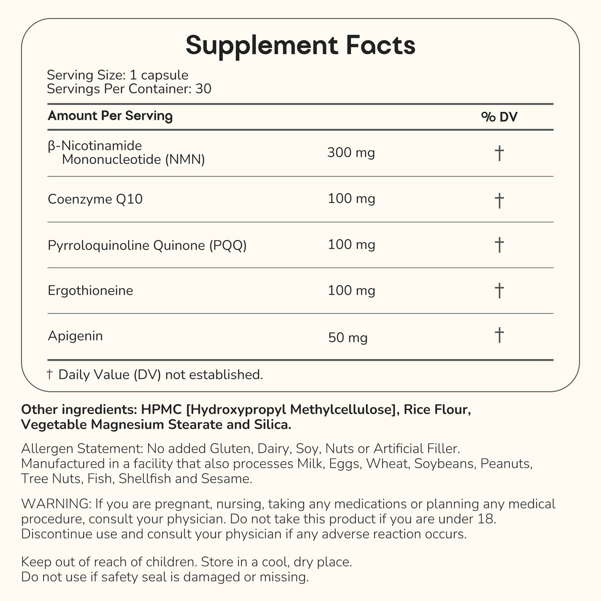 A supplement facts label with a table listing active ingredients and amounts per serving, including β-Nicotinamide Mononucleotide (NMN), Coenzyme Q10, Pyrroloquinoline Quinone (PQQ), Ergothioneine, and Apigenin, on a white background.