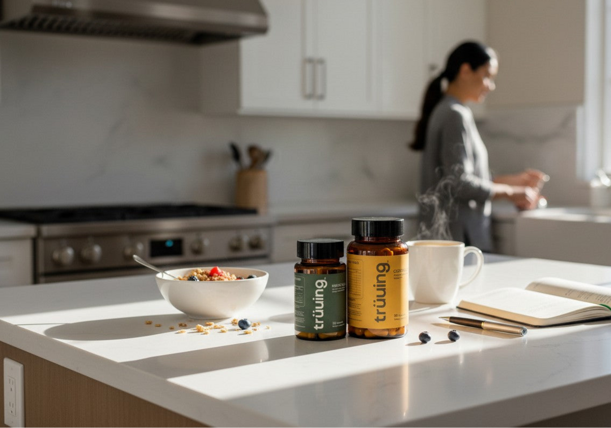 Kitchen counter with 'truuing' supplement bottles, a bowl of cereal, and a cup.
