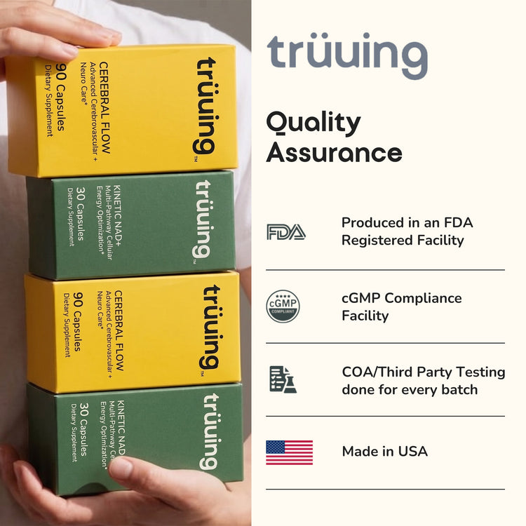 A person holds a stack of four Trüiing Cerebral Flow supplement boxes in yellow and green, with a text panel on the right listing quality assurance claims including FDA, cGMP, COA/Third Party Testing, and Made in USA.