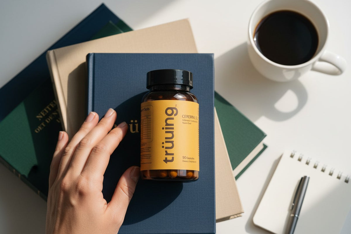 Hand holding a bottle of truuing supplements on a book with a cup of coffee and stationery items in the background.